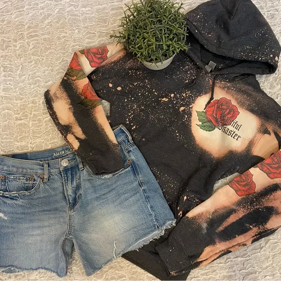 Bleach Tie Dye Rose Skeleton Skull Hoodie Custom Sweatshirt Pullover Navy Small - Picture 11 of 11